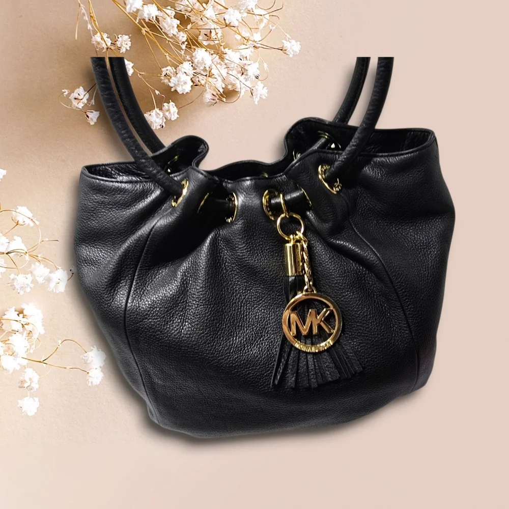 Michael Kors East West Black Pebbled Leather Bucket Bag Round Handles Large